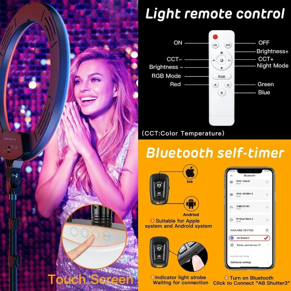 RGB Ring Light 18 inch with Tripod Stand (2700-7000K) for Phone Camera iPad Self